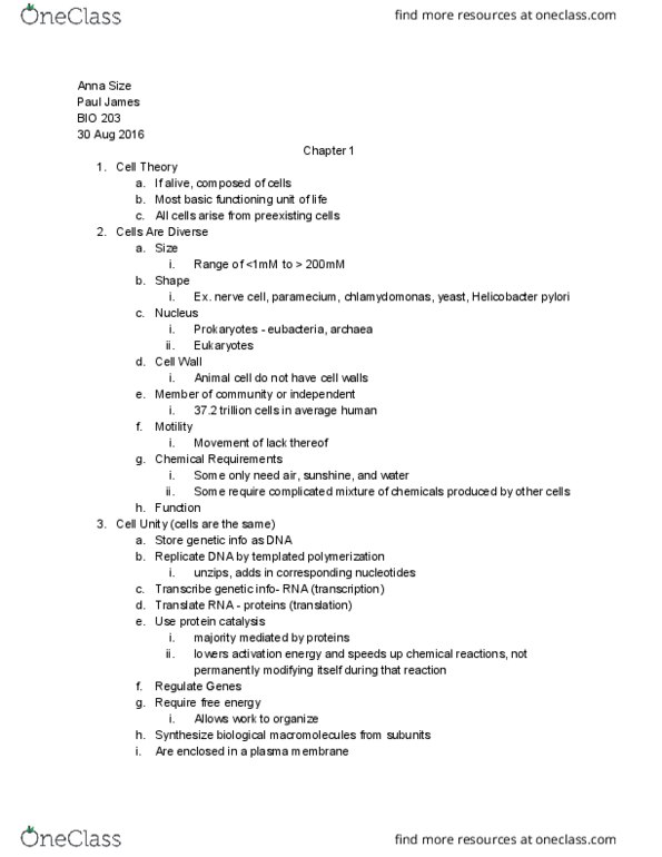 BIO 203 Lecture Notes - Lecture 1: Helicobacter Pylori, Paramecium, Chlamydomonas thumbnail