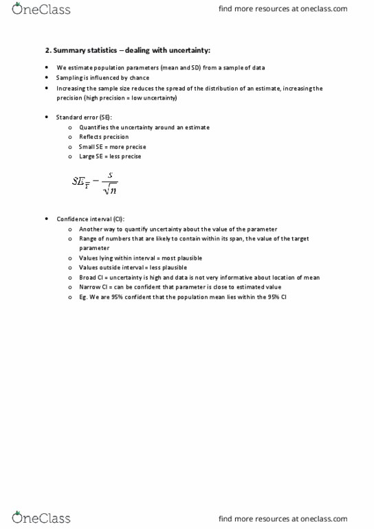 BIO3011 Lecture Notes - Lecture 2: Confidence Interval, Summary Statistics, Standard Error thumbnail