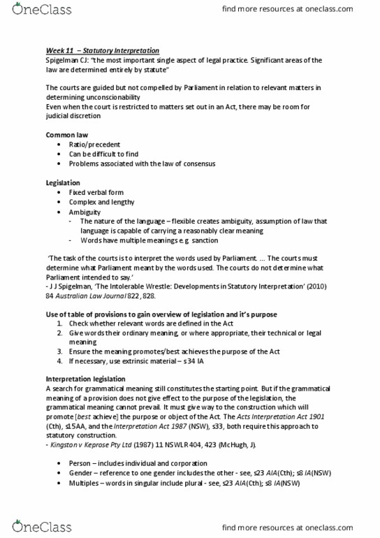 LLB  100 Lecture Notes - Lecture 11: Lexisnexis, Australian Law Journal, Statutory Interpretation thumbnail