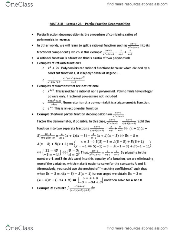 MAT 21B Lecture Notes - Lecture 23: Partial Fraction Decomposition, Constant Function thumbnail