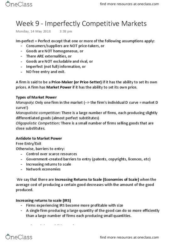 ECON1101 Lecture Notes - Lecture 9: Demand Curve, Price Discrimination, Marginal Cost thumbnail