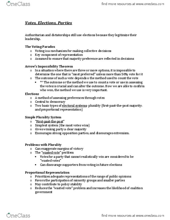 POL S101 Lecture Notes - Wasted Vote, Proportional Representation, Party System thumbnail