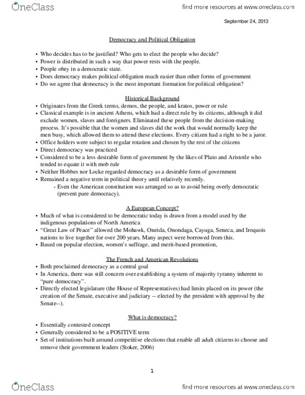 POL S101 Lecture Notes - Participatory Democracy, Economic Democracy, Liberal Democracy thumbnail