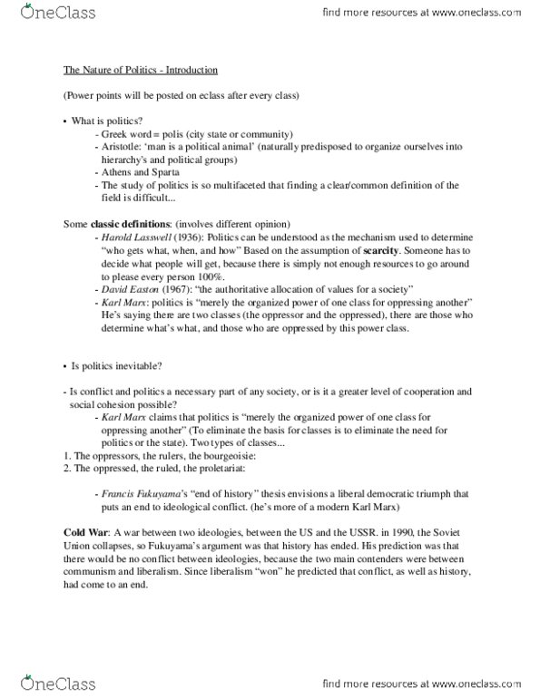 POL S101 Lecture Notes - Harold Lasswell, David Easton, Proletariat thumbnail