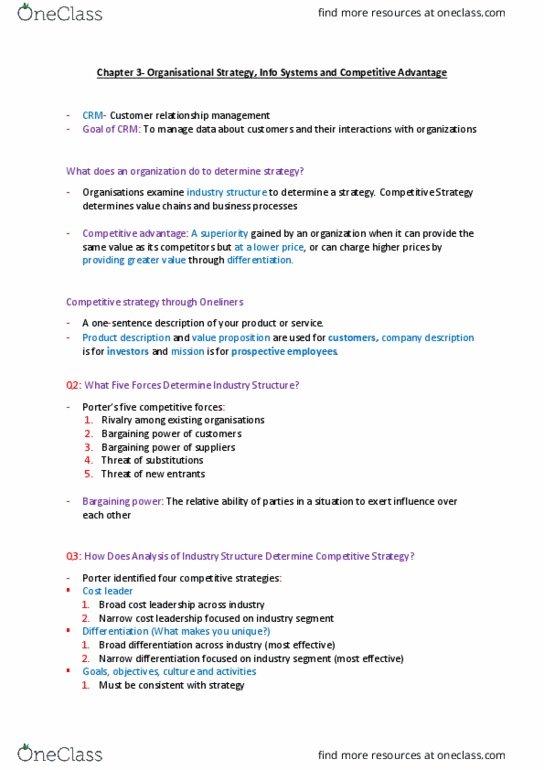 ISYS104 Lecture Notes - Lecture 3: Human Resources, Customer Relationship Management, Competitive Advantage thumbnail