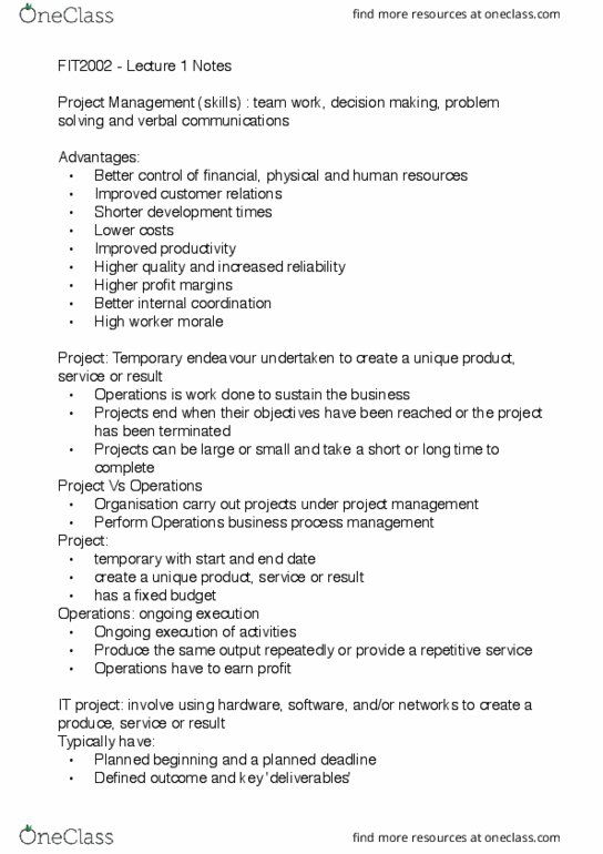 FIT2002 Lecture Notes - Lecture 1: Project Charter, Requirements Analysis, Critical Chain Project Management thumbnail