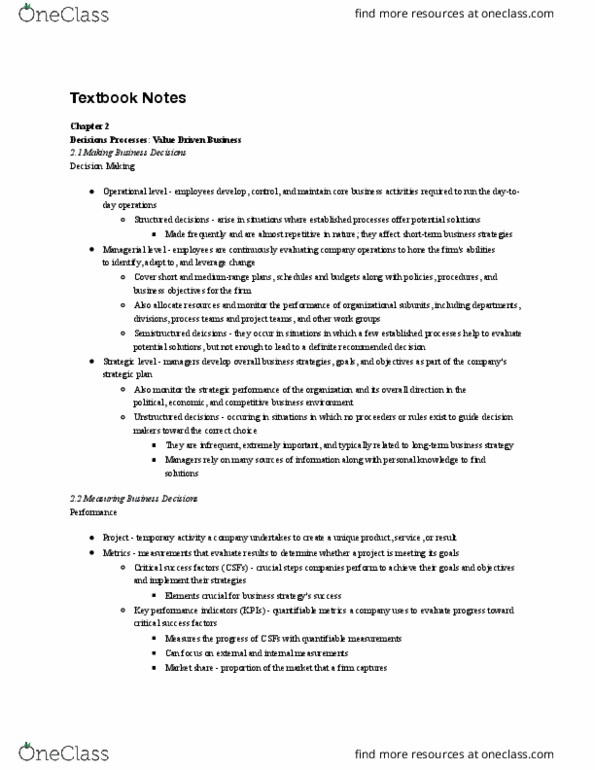 MIS 180 Chapter Notes - Chapter 2: Customer Satisfaction, Business Process Model And Notation, Online Transaction Processing thumbnail