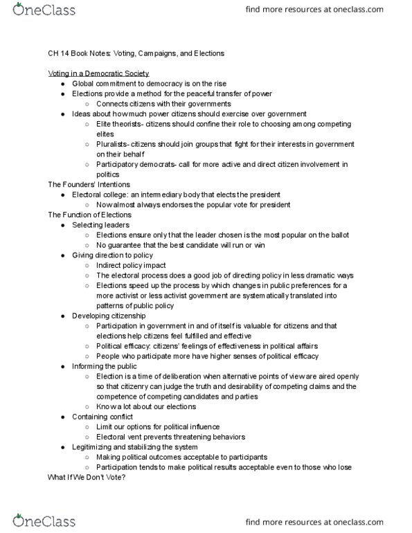 POSC150 Chapter 14: CH 14 Book Notes: Voting, Campaigns, and Elections thumbnail