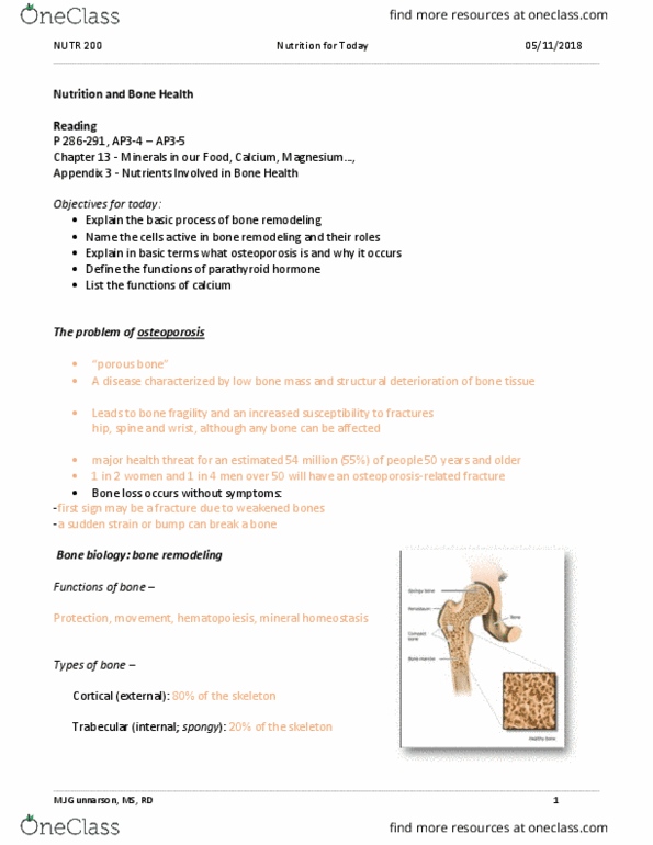 NUTR 200 Lecture Notes - Lecture 20: Weight-Bearing, Hypocalcaemia, Osteoclast thumbnail