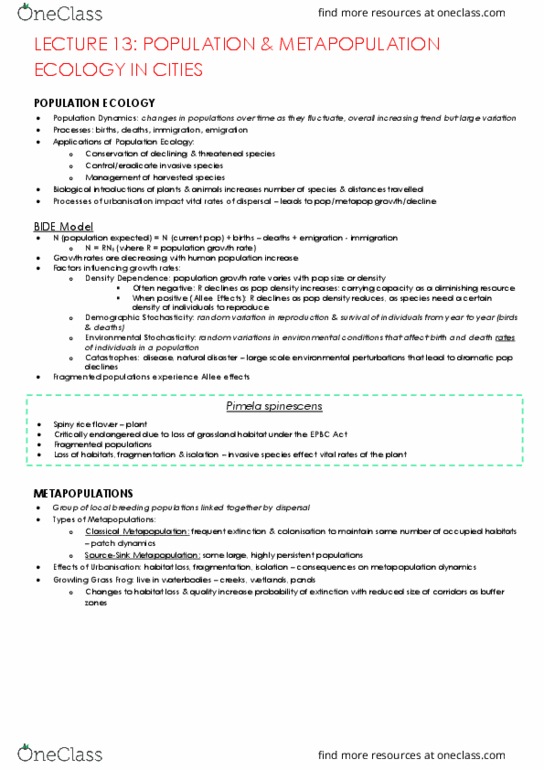 EVSC30006 Lecture Notes - Lecture 13: Growling Grass Frog, Metapopulation, Patch Dynamics thumbnail