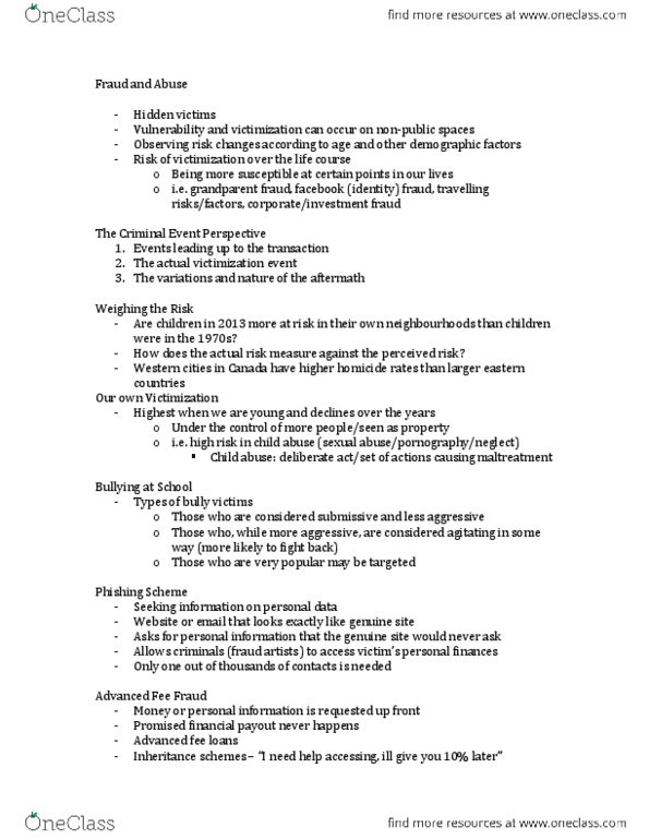 SOC201 Lecture Notes - Risk Measure, Child Abuse, Homicide thumbnail