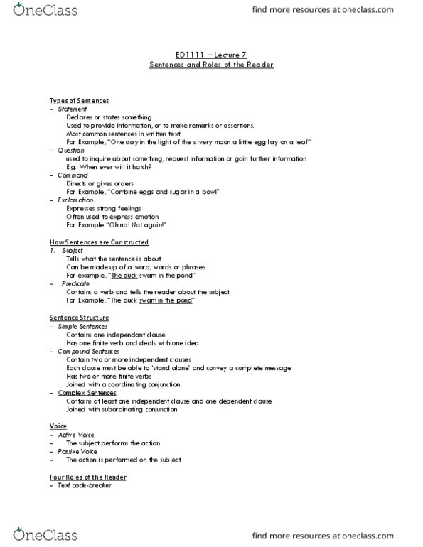 ED1111 Lecture Notes - Lecture 7: Finite Verb, Independent Clause, Dependent Clause thumbnail