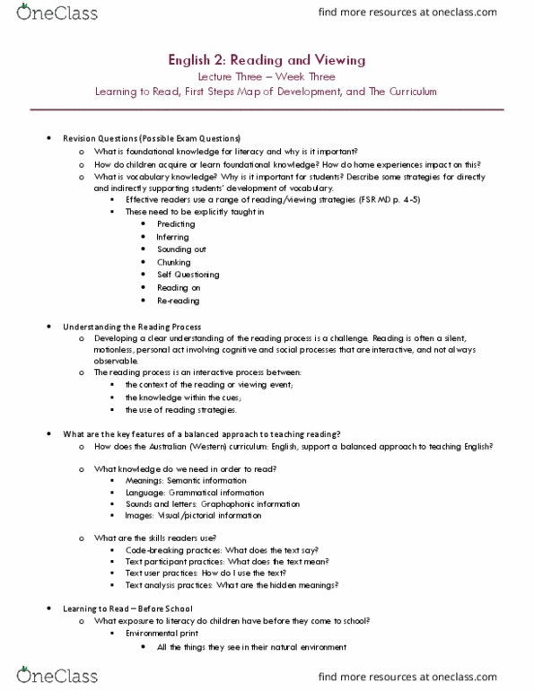 ED2631 Lecture Notes - Lecture 3: Wii, Phoneme, Phonemic Awareness thumbnail