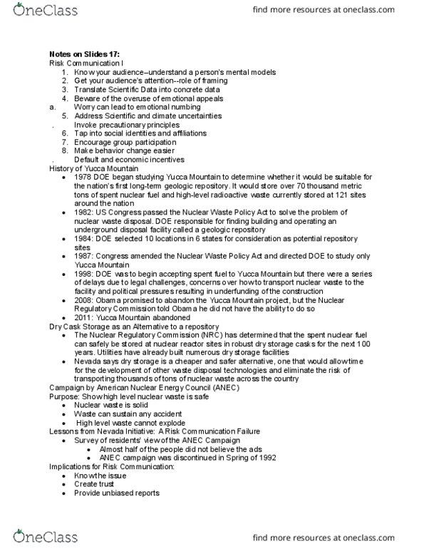 OIDD 261 Lecture Notes - Lecture 10: Nuclear Waste Policy Act, Nuclear Regulatory Commission, Spent Nuclear Fuel thumbnail