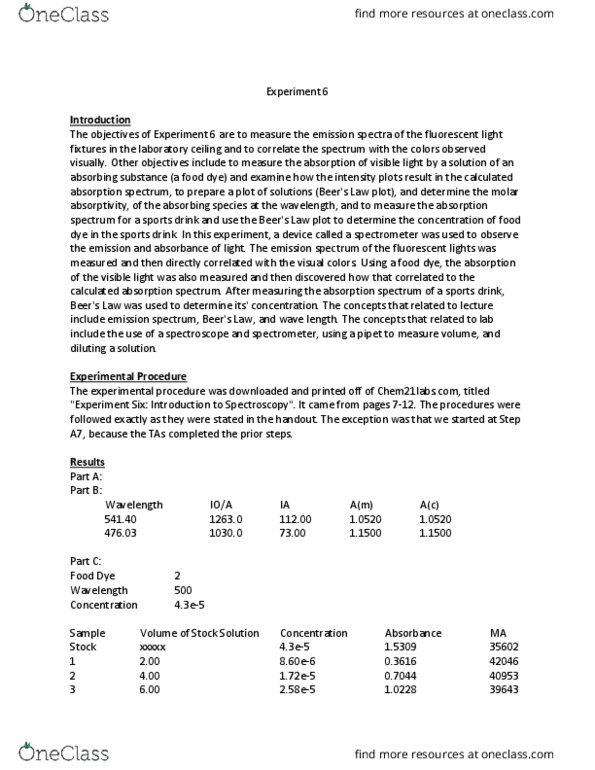 CHEM 1040L Lecture Notes - Lecture 6: Emission Spectrum, Food Coloring, Molar Attenuation Coefficient thumbnail