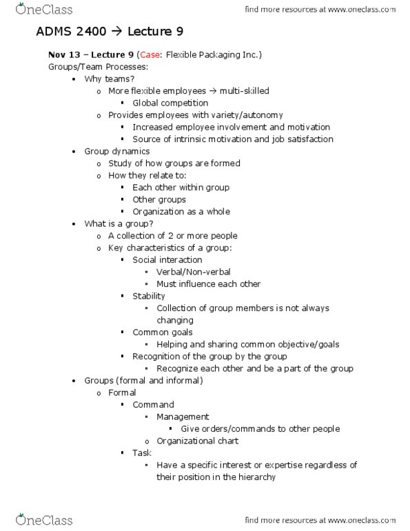 ADMS 2400 Lecture Notes - Lecture 9: Group Dynamics, Organizational Chart, Motivation thumbnail