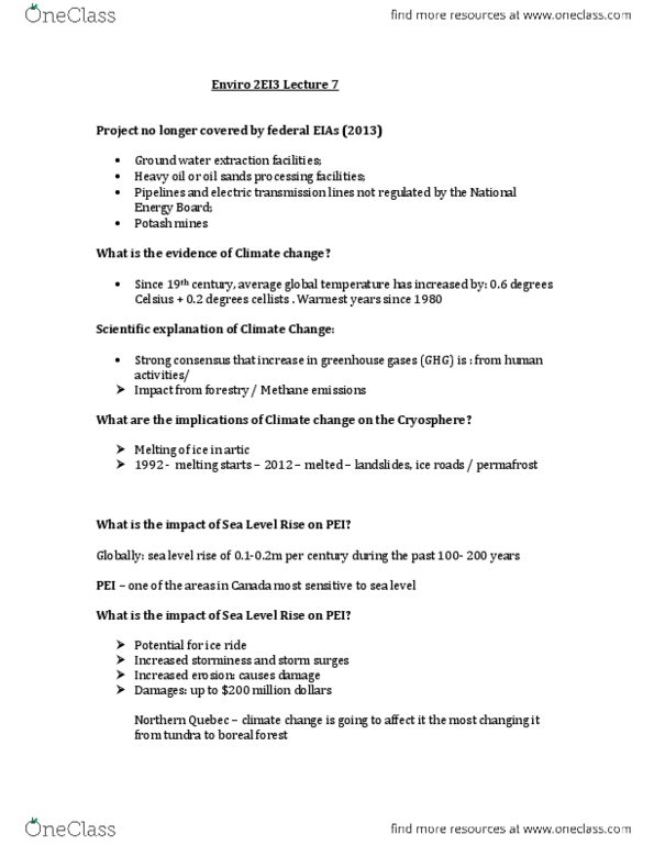 ENVIRSC 2EI3 Lecture Notes - Lecture 7: National Energy Board, Sea Level Rise, Cryosphere thumbnail