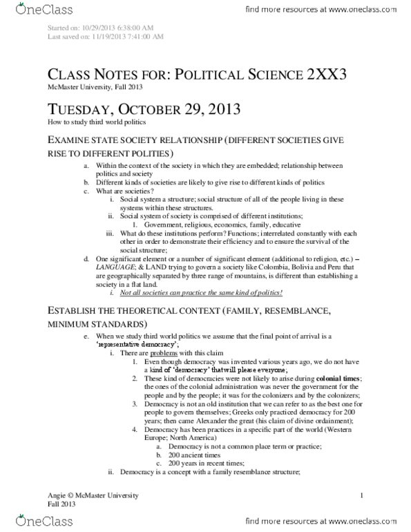 POLSCI 2XX3 Lecture Notes - Liberal Democracy, Social System, Modernization Theory thumbnail