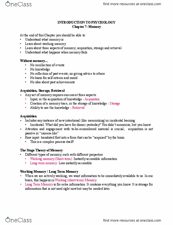 PSY 101 Lecture Notes - Lecture 7: Forgetting Curve, Major Trauma, Anterograde Amnesia thumbnail