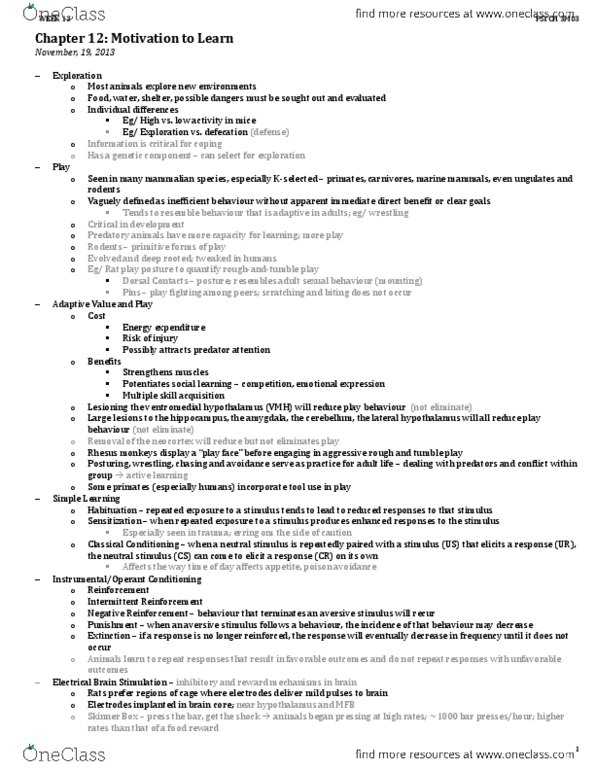 PSYCH 3M03 Lecture Notes - Ventromedial Nucleus Of The Hypothalamus, Rhesus Macaque, Lateral Hypothalamus thumbnail