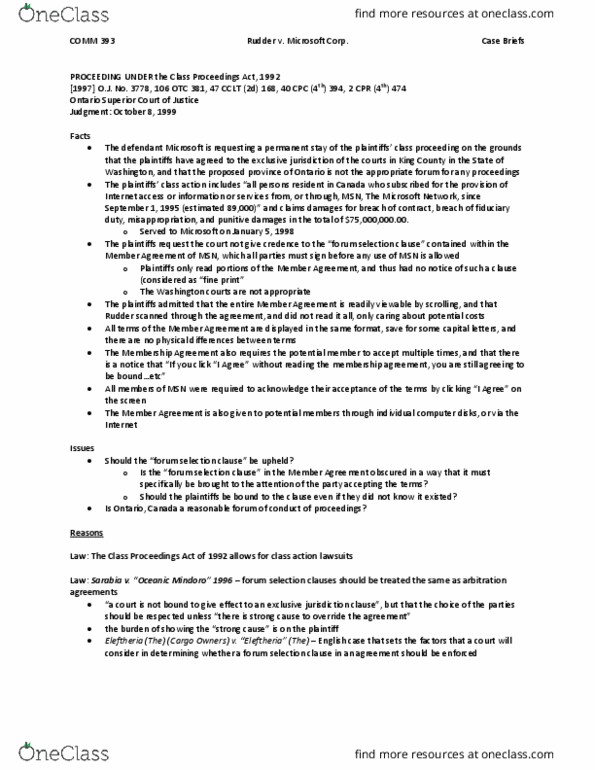 COMM 393 Chapter Notes - Chapter Case: Forum Selection Clause, King County, Washington, Fiduciary thumbnail