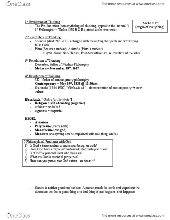 PHIL 1F90 Lecture Notes - Atheism, Immanence, Arche thumbnail