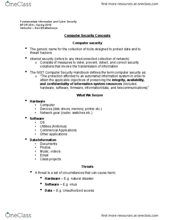 B FOR 204 Lecture Notes - Lecture 1: Malware, Information Security, National Institute Of Standards And Technology thumbnail