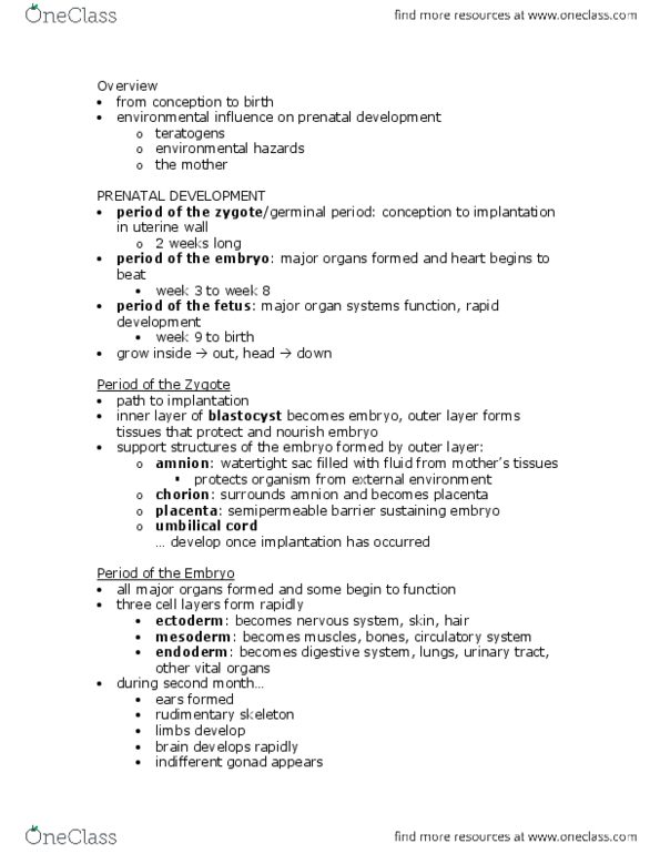Psychology 2040A/B Lecture Notes - Umbilical Cord, Prenatal Development, Amnion thumbnail