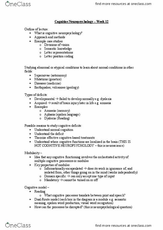PSY246 Lecture Notes - Lecture 12: Agnosia, Occipital Lobe, Herpesviral Encephalitis thumbnail