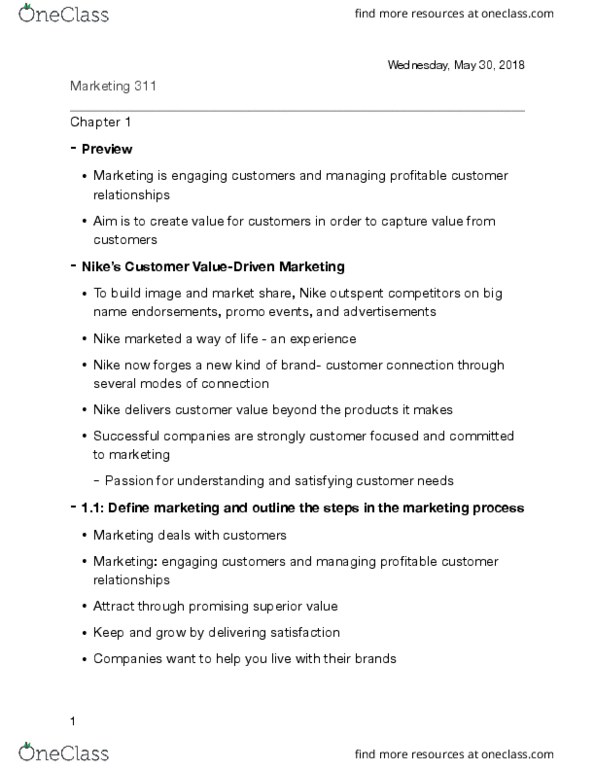 MKT 311 Chapter Notes - Chapter 1: Root Mean Square, Kroger, Marketing Mix thumbnail