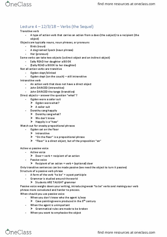 WRIT2250 Lecture Notes - Lecture 4: Gerund, Nonfinite Verb, Phrasal Verb thumbnail