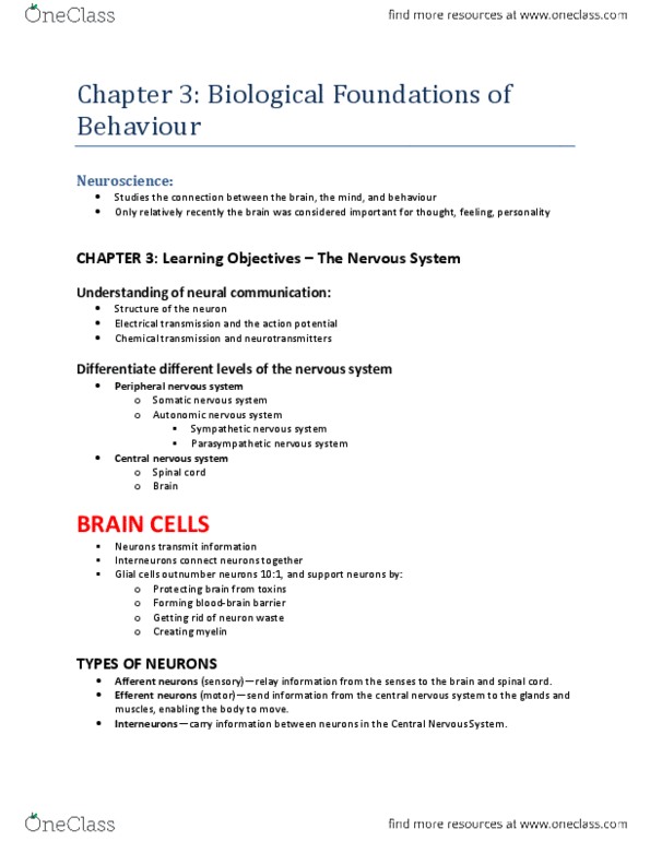 Psychology 1000 Chapter Notes - Chapter 3: Excitatory Postsynaptic Potential, Parasympathetic Nervous System, Sympathetic Nervous System thumbnail