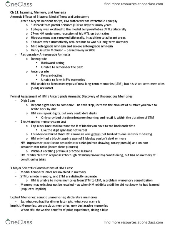 PSYCH 15 Lecture Notes - Lecture 9: Rhinal Cortex, Anisomycin, Cerebellum thumbnail