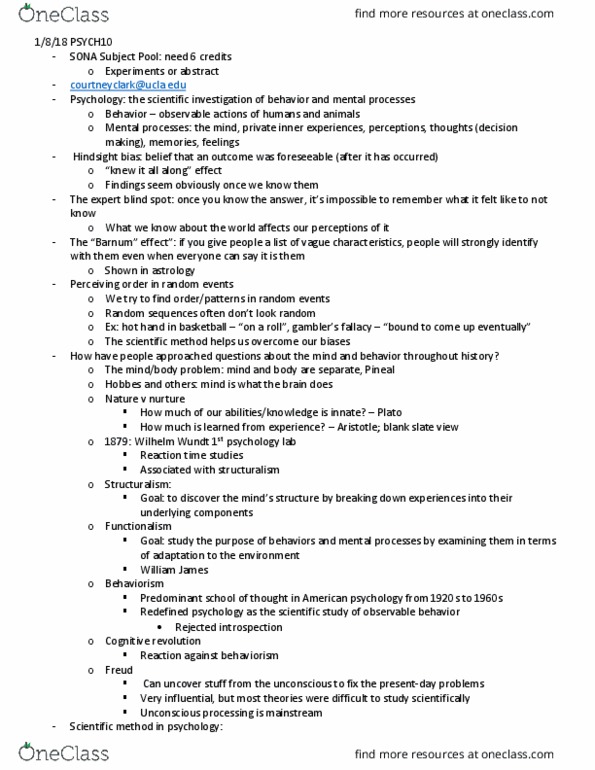 PSYCH 10 Lecture Notes - Lecture 1: The Control Group, Henry Molaison, Hawthorne Effect thumbnail