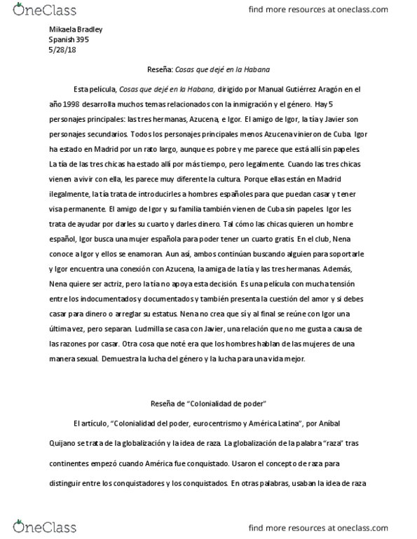 SPANISH 387 Chapter Notes - Chapter 10: Busca Una Mujer, Tres Chicas, Otra Cosa thumbnail