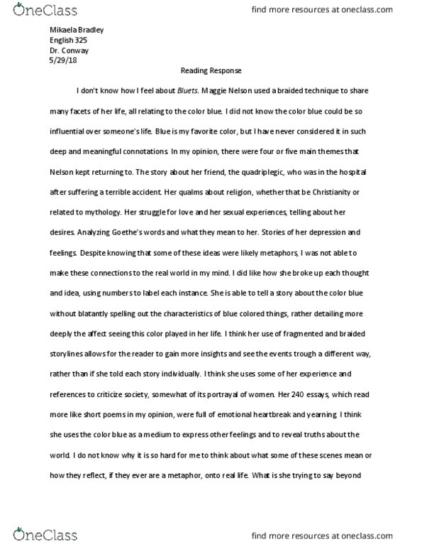 ENGLISH 325 Chapter Notes - Chapter 7: Maggie Nelson thumbnail