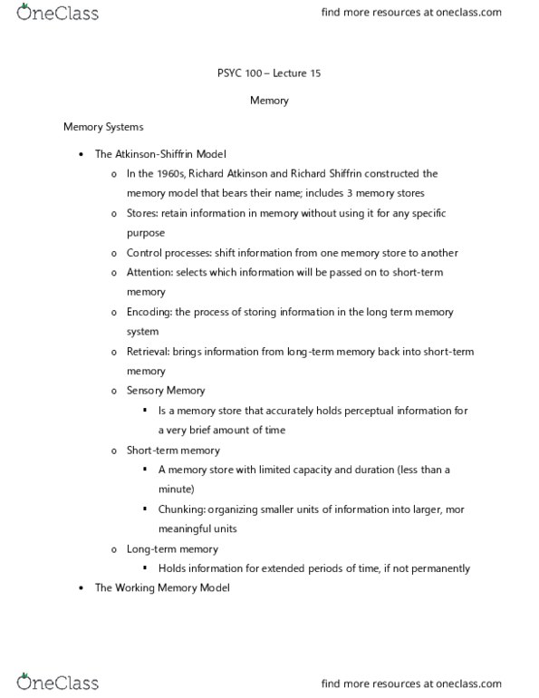 PSYC 100 Lecture Notes - Lecture 15: Richard Shiffrin, Long-Term Memory, Working Memory thumbnail