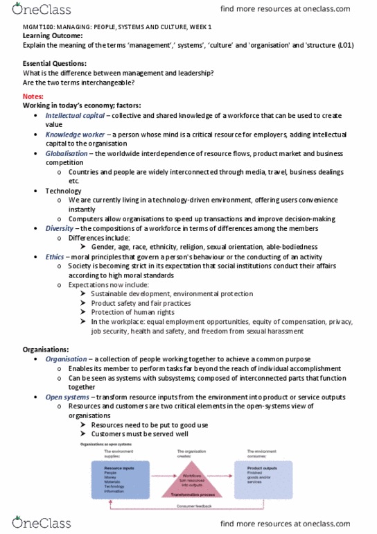 MGMT100 Chapter Notes - Chapter 1: Intellectual Capital, Knowledge Worker, Sustainable Development thumbnail