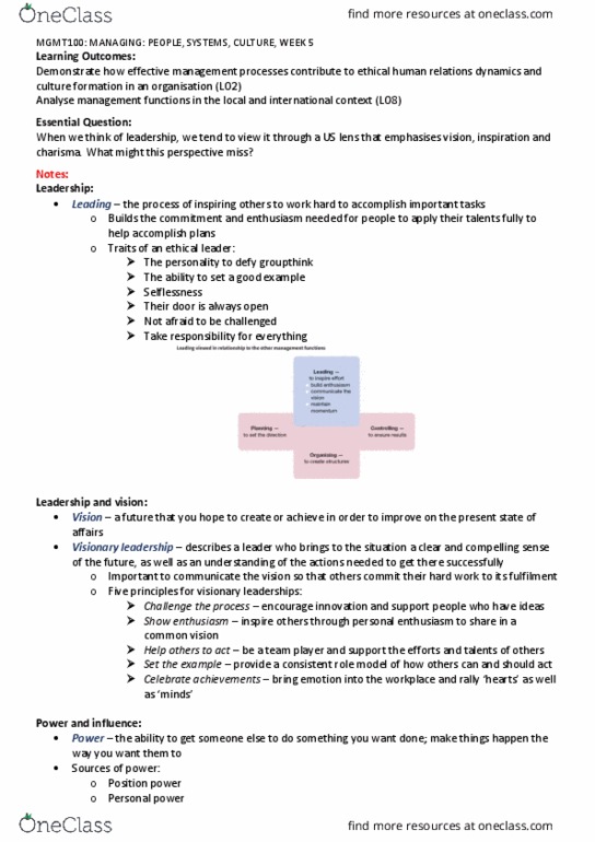 MGMT100 Chapter Notes - Chapter 13: Leadership Studies, Transformational Leadership, Transactional Leadership thumbnail