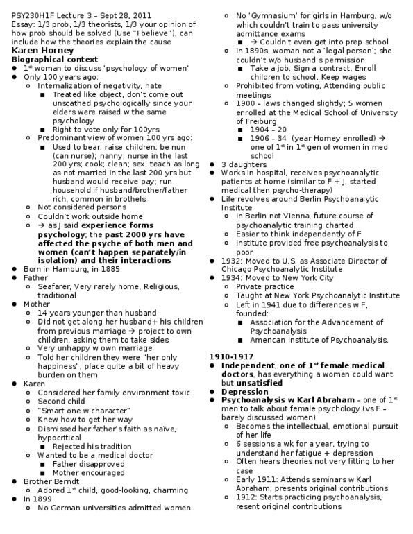 PSY230H1 Lecture 3: Lecture 3 - Horney, Fromm thumbnail