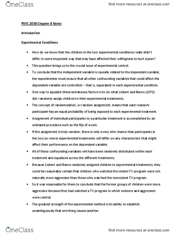 PSYC 2030 Chapter Notes - Chapter 8: Random Assignment, Dependent And Independent Variables thumbnail