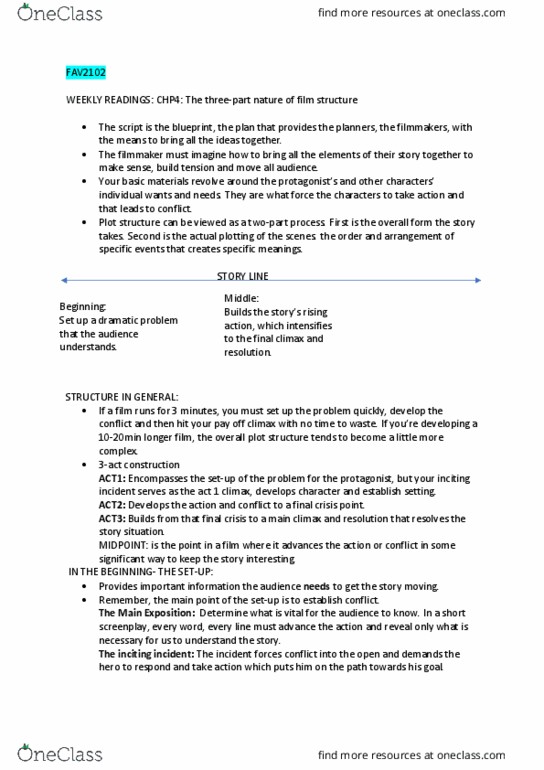 FAV2102 Lecture Notes - Lecture 4: Dramatic Structure, Final Crisis, The Climax thumbnail