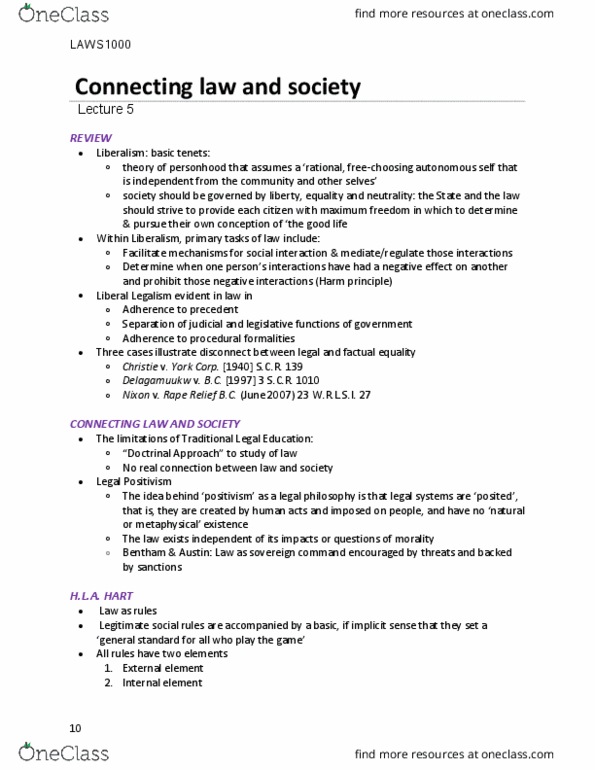 LAWS 1000 Lecture Notes - Lecture 5: Interdisciplinarity, Sociology Of Law, Harm Principle thumbnail