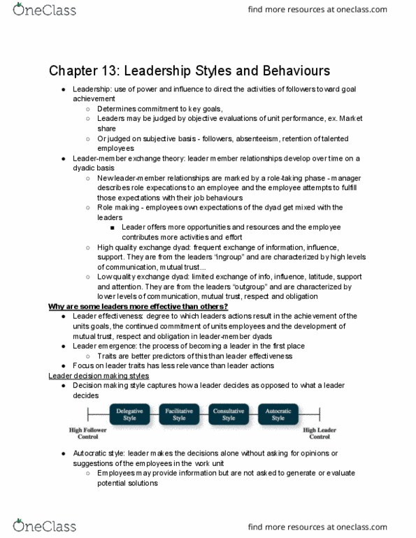 ADM 2336 Chapter Notes - Chapter 13: Job Satisfaction, Passive Management, Transactional Leadership thumbnail