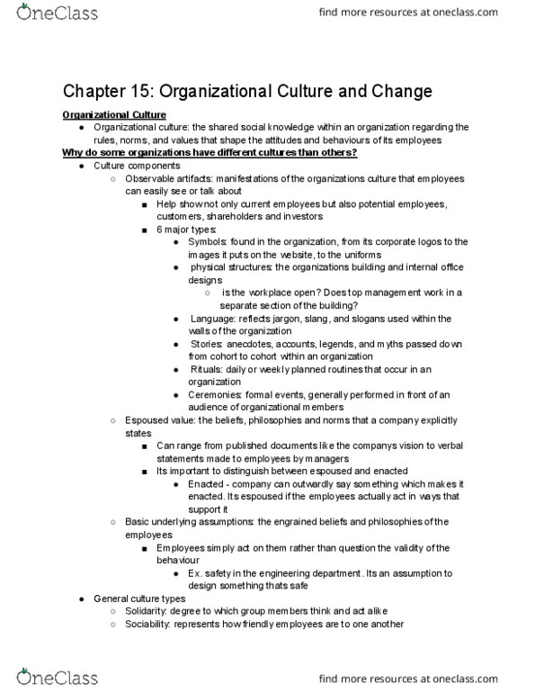 ADM 2336 Chapter Notes - Chapter 15: Adhocracy, Customer Service, Culture Change thumbnail
