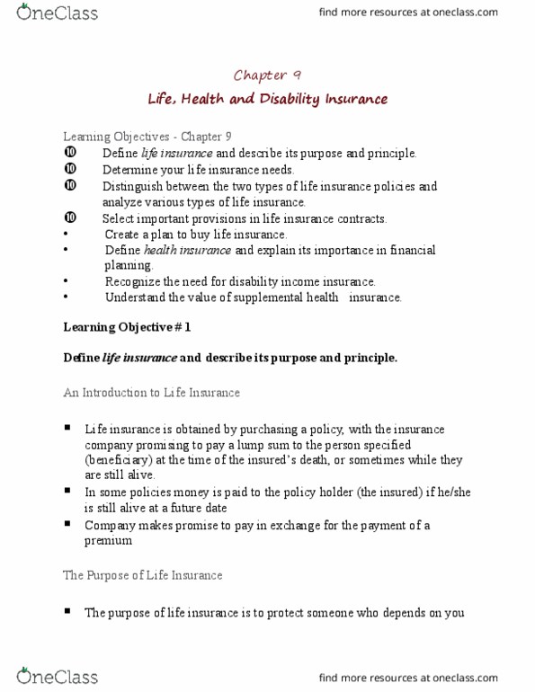 Financial Services _Ã‡Ã´ Client Services RFC121 Lecture Notes - Lecture 9: Disability Insurance, Life Insurance thumbnail