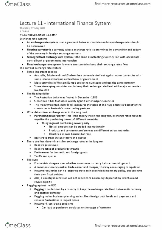 ECON1020 Lecture Notes - Lecture 11: International Monetary Fund, Bretton Woods System, Capital Control thumbnail