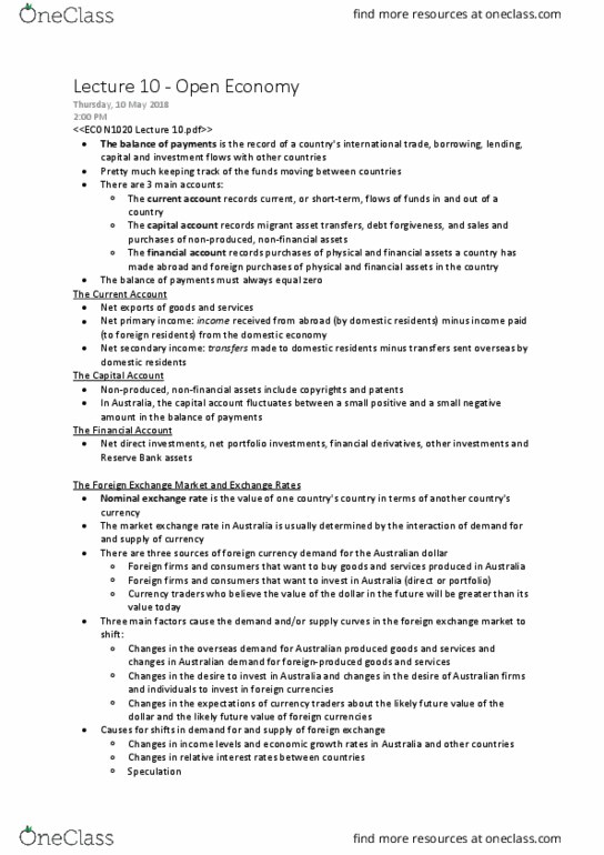 ECON1020 Lecture Notes - Lecture 10: Government Budget Balance, Baud, Foreign Exchange Market thumbnail