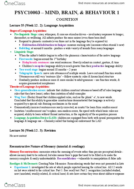 PSYC10003 Lecture Notes - Lecture 35: Elizabeth Loftus, Free Recall, 18 Months thumbnail