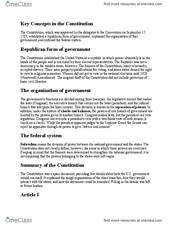 HY 357 Lecture Notes - Lecture 2: Supremacy Clause, Enumerated Powers thumbnail